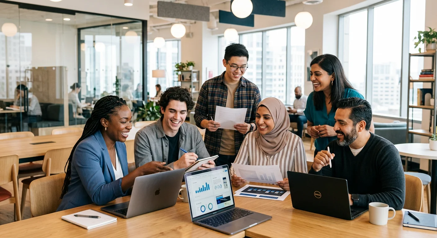 A diverse group of professionals in an office setting, smiling and collaborating, representing the flexibility of temporary staffing solutions. Style should be bright, professional, and inclusive.