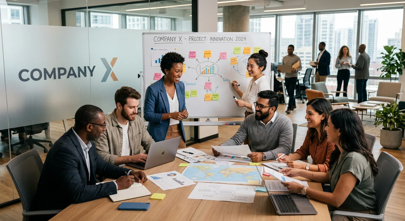 A group of diverse employees at Company X collaborating on a project, showcasing a positive and prod... A group of diverse employees at Company X collaborating on a project, showcasing a positive and productive work environment. Style: Professional and cohesive. Mood: Successful and harmonious.