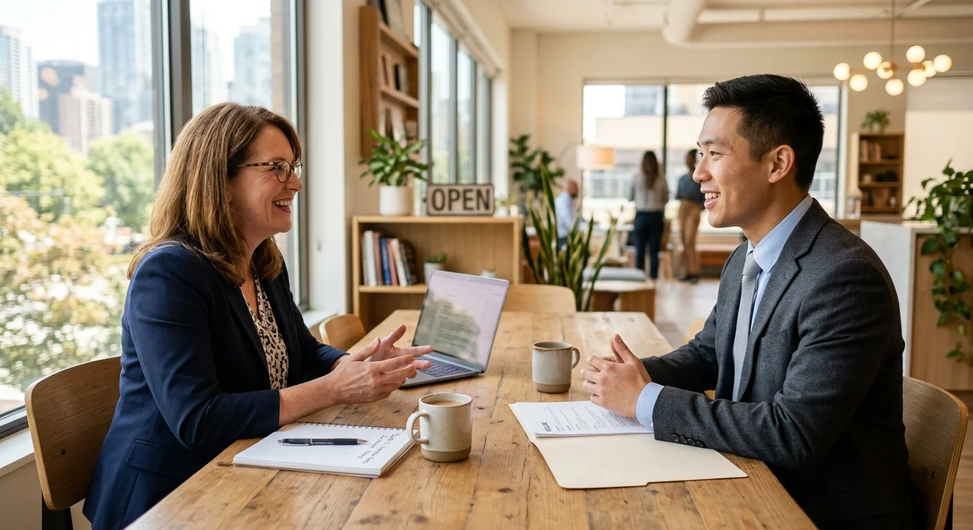 A hiring manager conducting an interview with a candidate, emphasizing a professional and welcoming... A hiring manager conducting an interview with a candidate, emphasizing a professional and welcoming atmosphere. Style: Warm and approachable. Mood: Trusting and engaging.