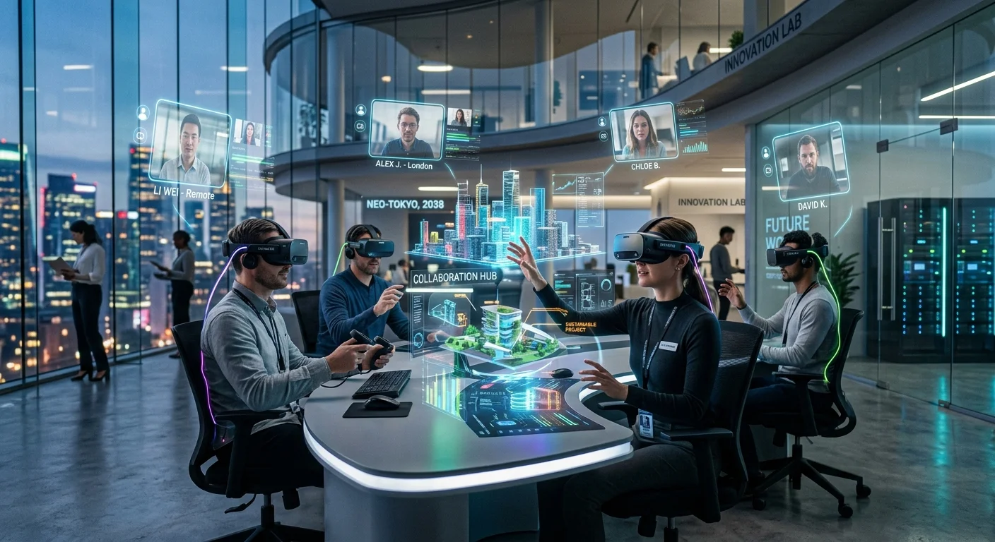 A futuristic office setting with remote workers collaborating via virtual reality, emphasizing innov... A futuristic office setting with remote workers collaborating via virtual reality, emphasizing innovation and connectivity. Style: Cutting-edge and forward-thinking. Mood: Progressive and visionary.