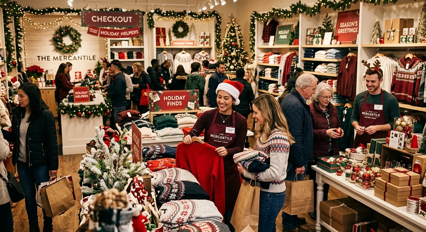 Retail store with temporary workers helping customers during holiday season