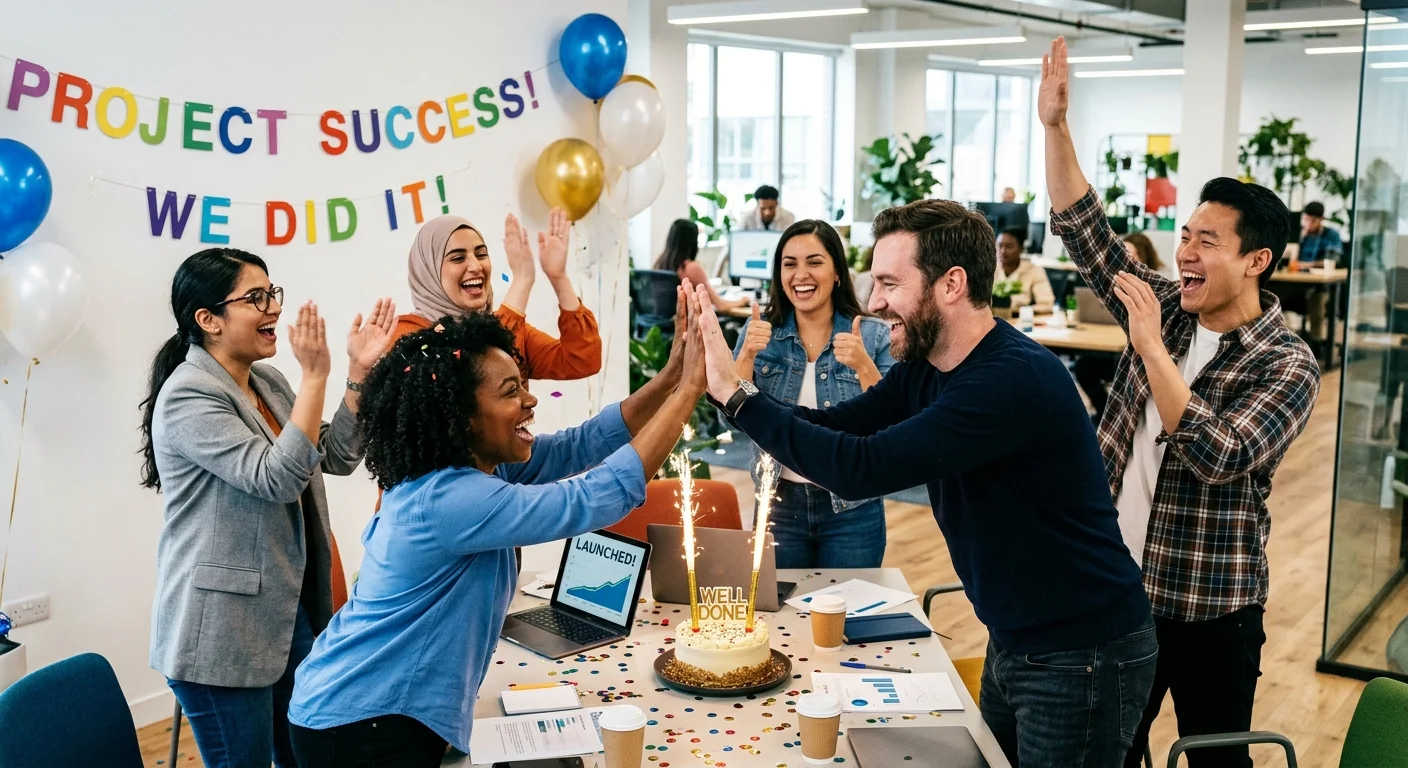 A diverse team celebrating a project success with smiles and high-fives. Style: Energetic and joyful... A diverse team celebrating a project success with smiles and high-fives. Style: Energetic and joyful. Mood: Motivated and accomplished.