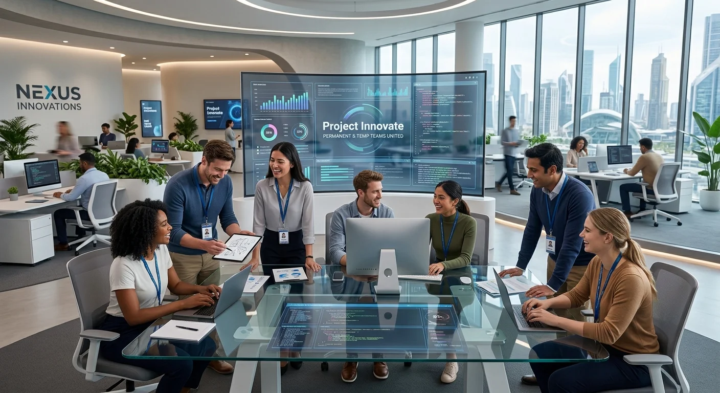 Futuristic office with blended workforce of permanent and temporary employees collaborating