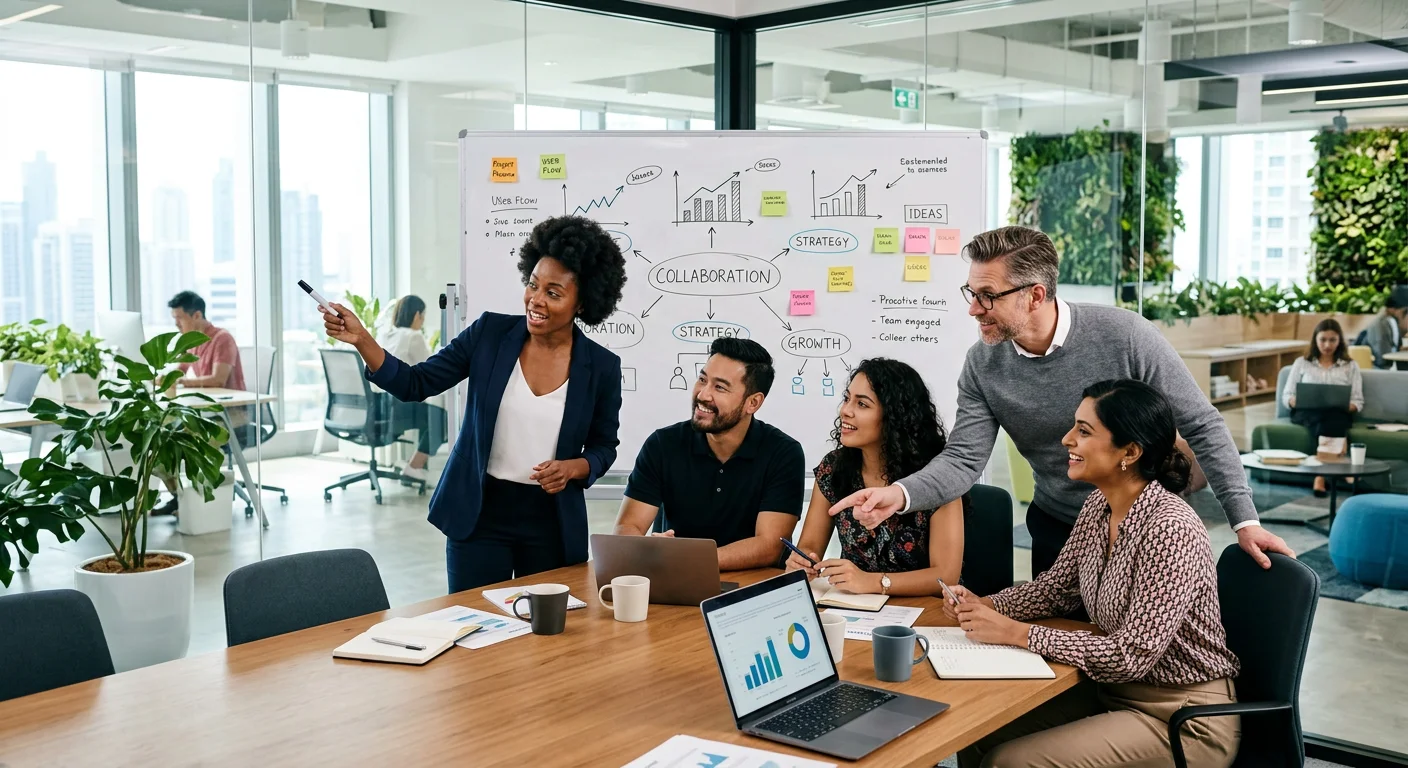 A professional team collaborating in a modern office, with a focus on diversity and teamwork. Style:... A professional team collaborating in a modern office, with a focus on diversity and teamwork. Style: Bright and inspiring. Mood: Productive and collaborative.