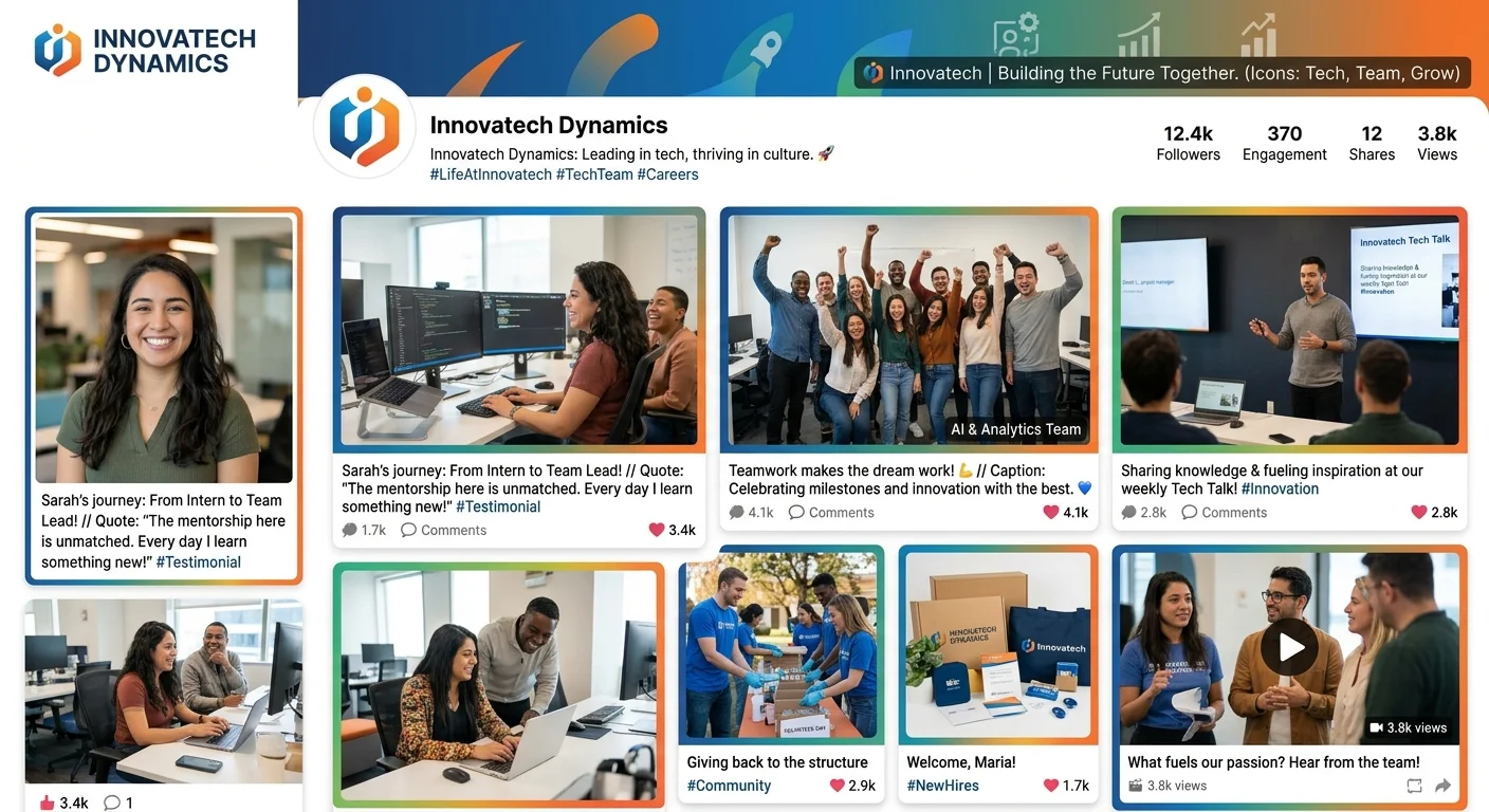 A company’s social media page featuring employee testimonials, team photos, and engaging content. St... A company’s social media page featuring employee testimonials, team photos, and engaging content. Style: Vibrant and relatable. Mood: Authentic and inspiring.
