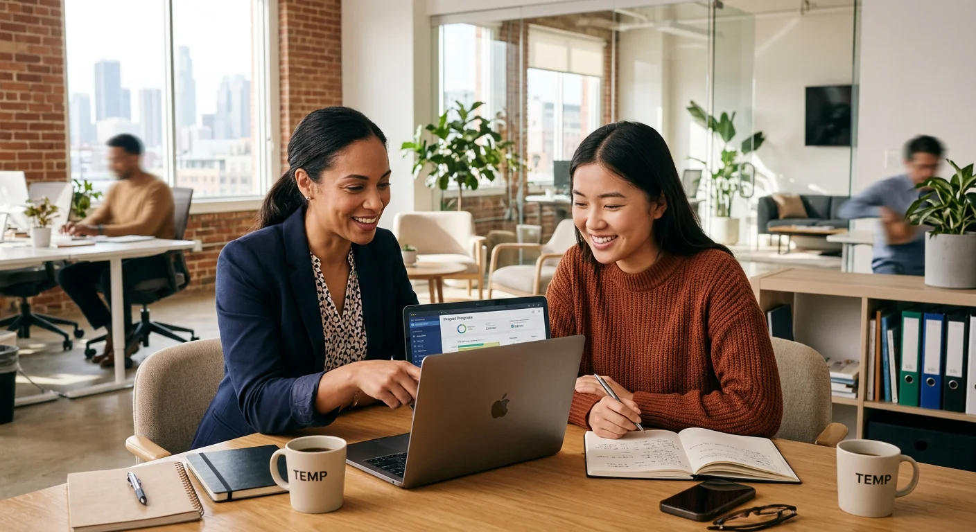 A manager reviewing work with a temporary employee in a modern office setting, showing positive collaboration. Style should be professional yet warm, with natural lighting.