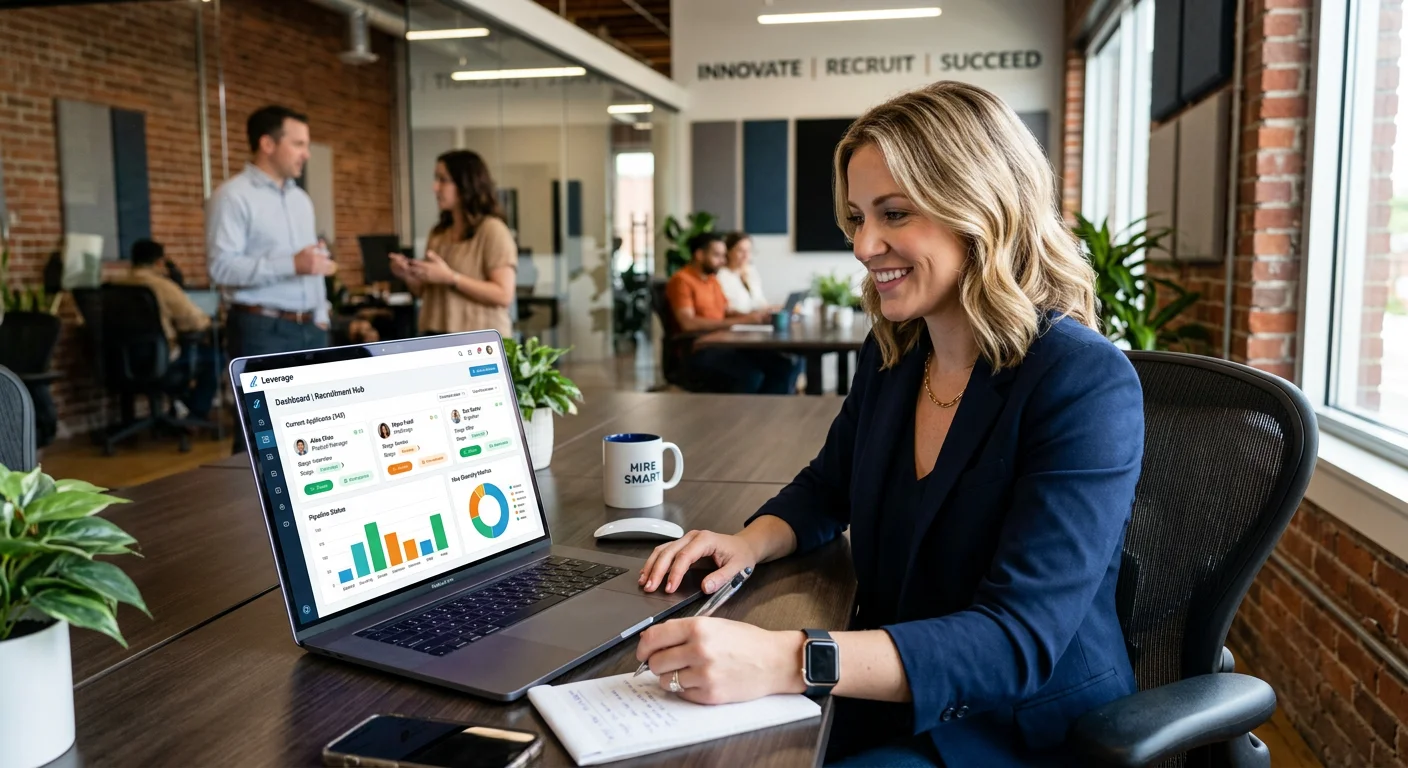 A recruiter using a laptop with an ATS dashboard open, showcasing candidate profiles and analytics.... A recruiter using a laptop with an ATS dashboard open, showcasing candidate profiles and analytics. Style: Modern and tech-savvy. Mood: Efficient and innovative.