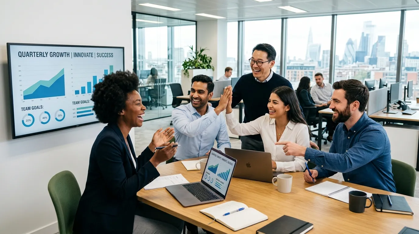 A dynamic, professional hero image showing a diverse team of professionals collaborating in a modern... A dynamic, professional hero image showing a diverse team of professionals collaborating in a modern office environment. Focus on expressions of success and teamwork. Style: High-resolution, bright, and inspiring. Mood: Energetic, professional, and forward-thinking.