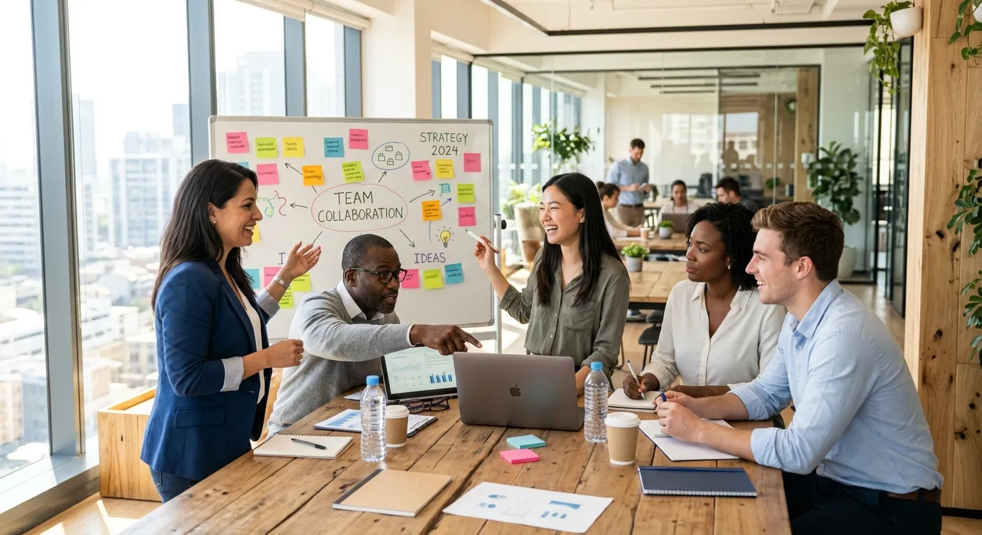 A diverse group of professional, engaged employees collaborating in a modern, sunlit office. Focus o... A diverse group of professional, engaged employees collaborating in a modern, sunlit office. Focus on teamwork, positivity, and productivity. Style: Professional stock photography, bright and aspirational.