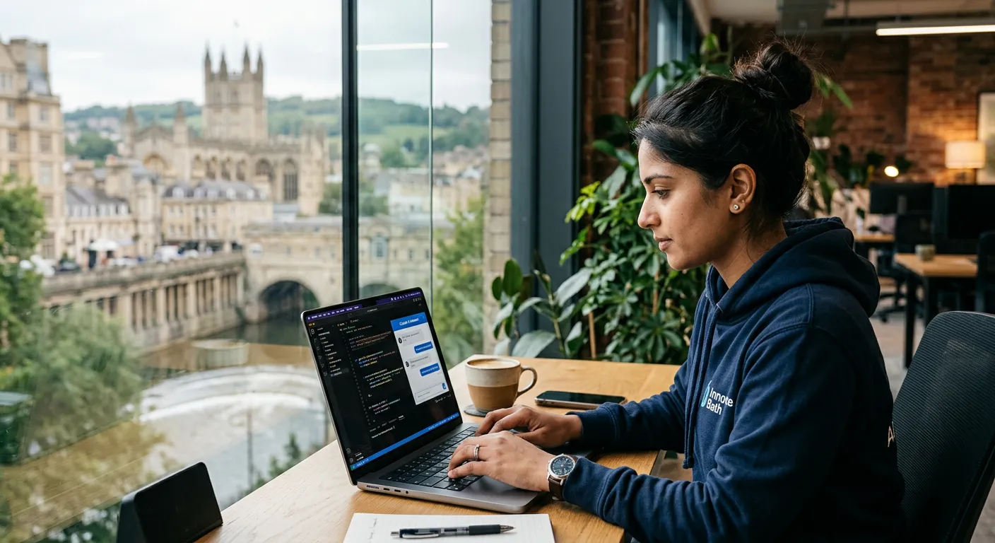A professional, modern image of a developer working on code for an AI chatbot interface, with a blur... A professional, modern image of a developer working on code for an AI chatbot interface, with a blurred background of Bath's historic skyline. Style: Professional, tech-focused, with a local touch. Mood: Innovative and forward-thinking.