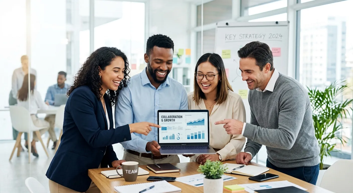 A modern, diverse team of professionals in a bright office collaborating around a laptop, symbolizin... A modern, diverse team of professionals in a bright office collaborating around a laptop, symbolizing successful partnership and strategic hiring. Style: Professional stock photography with a bright, optimistic mood.
