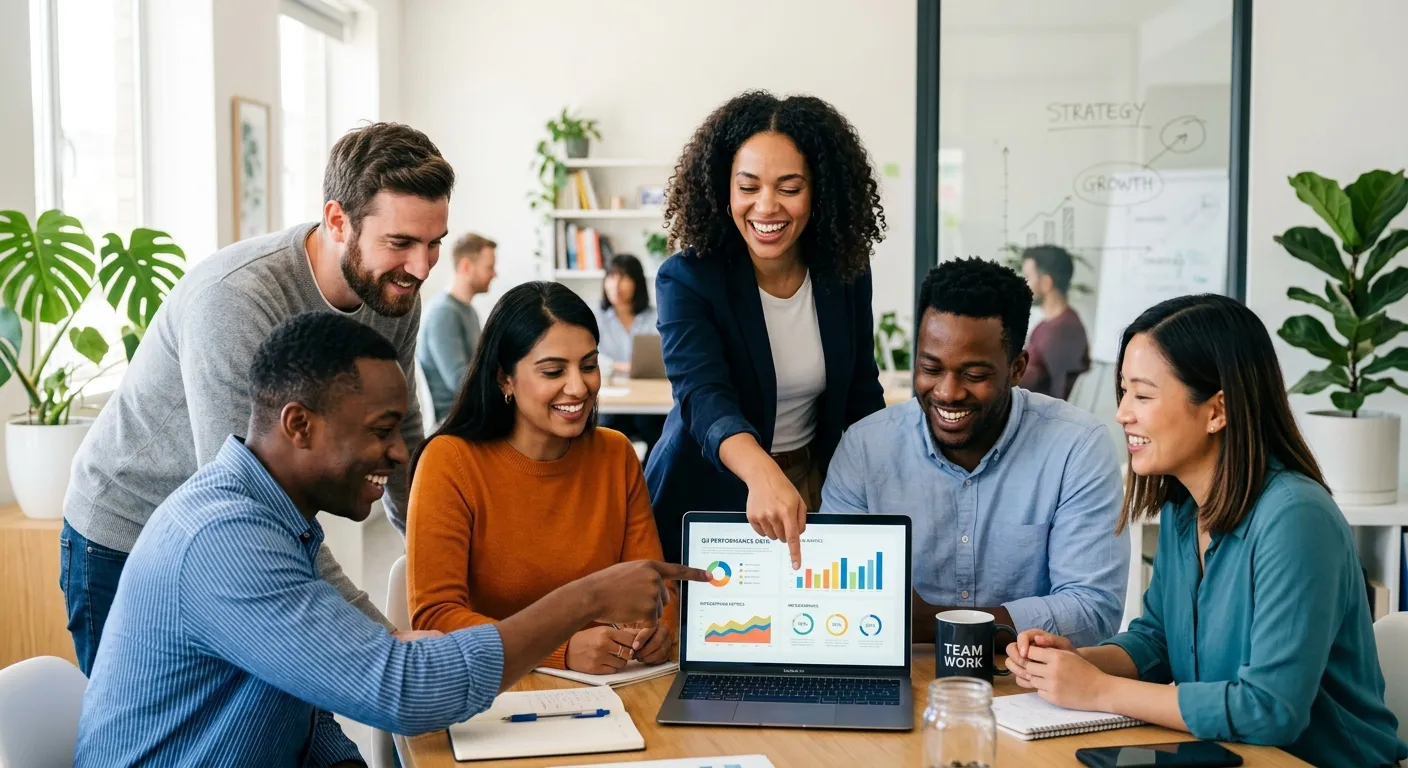 A modern, diverse team of professionals in a bright office collaborating around a laptop, smiling and pointing at data on a screen. Style: Professional stock photography with a bright, optimistic mood.
