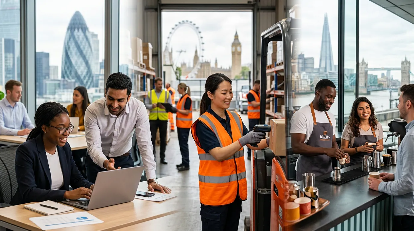 A dynamic, professional hero image showing a diverse group of temporary workers in various London se... A dynamic, professional hero image showing a diverse group of temporary workers in various London settings – a modern office, a warehouse, and a hospitality venue – all looking engaged and productive, with iconic London landmarks subtly in the background. Style: Professional, vibrant, and inclusive. Mood: Energetic, reliable, and connected.