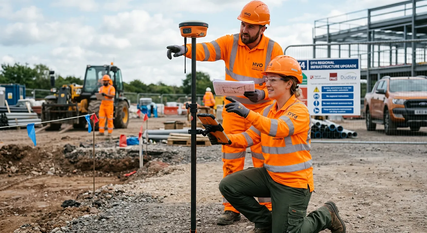 Professional photo of a skilled field operative in DY4, wearing high-visibility gear and working out... Professional photo of a skilled field operative in DY4, wearing high-visibility gear and working outdoors on a project, showcasing teamwork and a positive, industrious mood.