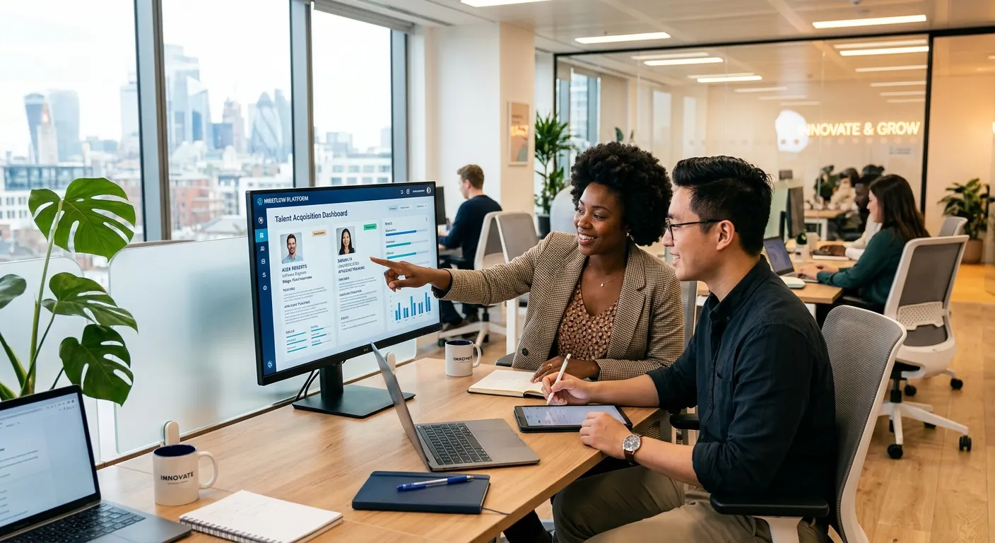 A modern, professional office environment with a diverse hiring manager and recruitment specialist reviewing candidate profiles on a digital dashboard, symbolizing partnership and efficiency. Style: Bright, clean, corporate. Mood: Collaborative, confident, and forward-thinking.