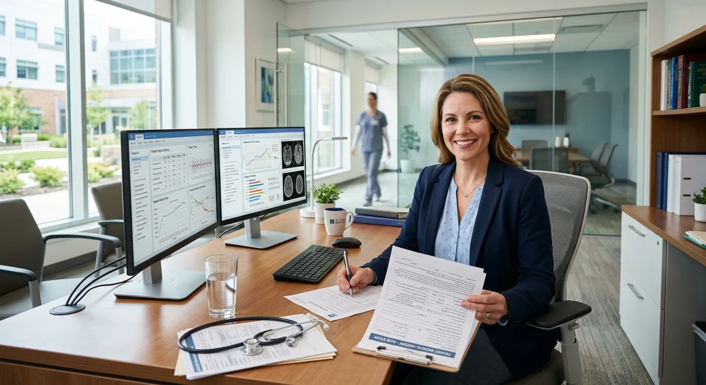 Professional, welcoming photo of a person working at a modern desk with dual monitors, reviewing med... Professional, welcoming photo of a person working at a modern desk with dual monitors, reviewing medical documents. The setting is a bright, clean office environment, conveying trust and expertise.