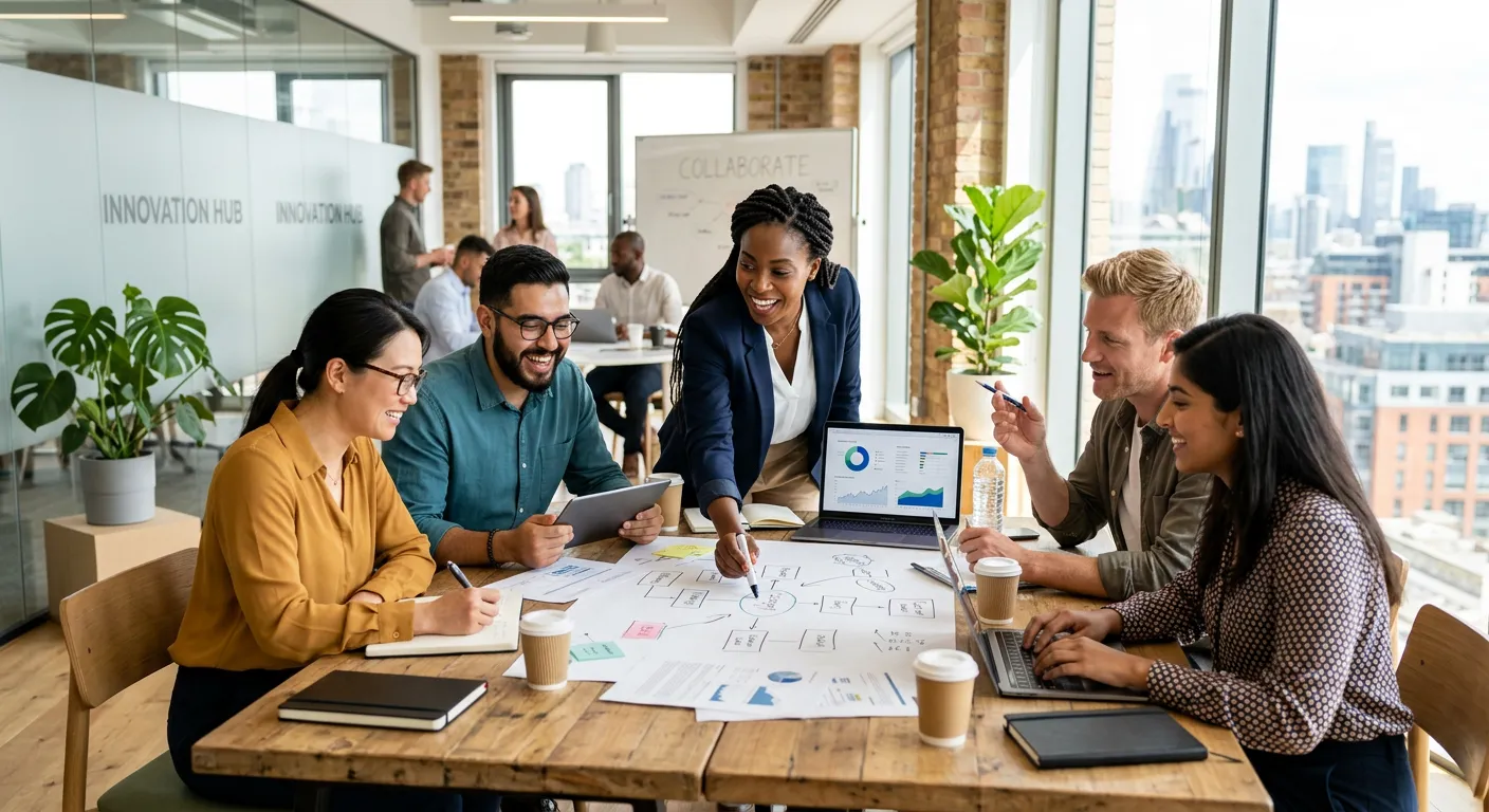 A modern, diverse team of professionals collaborating in a bright, sunlit office. The mood is energe... A modern, diverse team of professionals collaborating in a bright, sunlit office. The mood is energetic, innovative, and professional, with a focus on teamwork and technology. Style should be a high-quality, realistic stock photo.