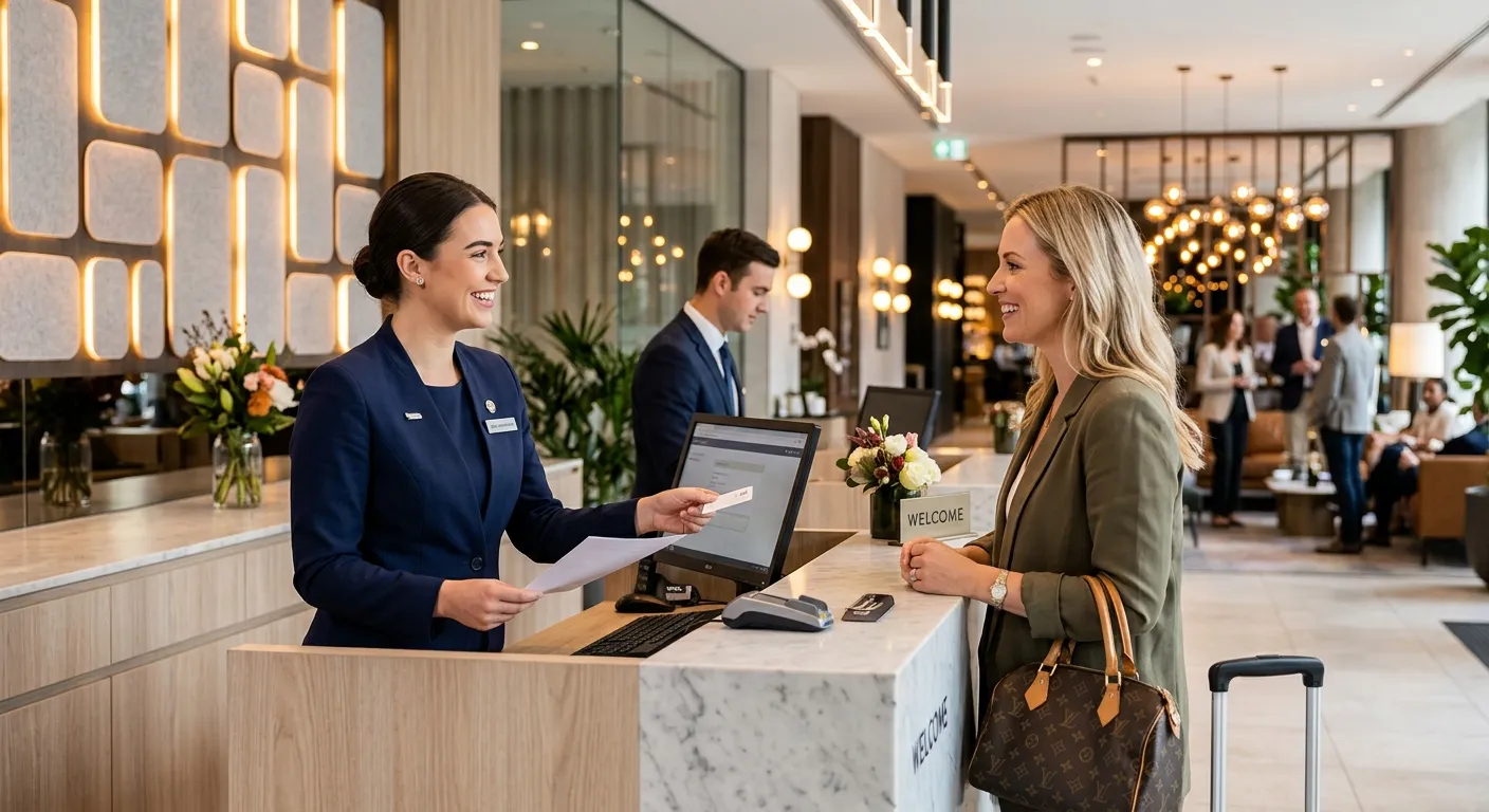A professional, high-energy photo of a modern hotel lobby reception desk. A welcoming, well-dressed... A professional, high-energy photo of a modern hotel lobby reception desk. A welcoming, well-dressed hotel receptionist is assisting a guest, smiling warmly. The image has a bright, clean, and upscale mood, showcasing the hospitality environment.