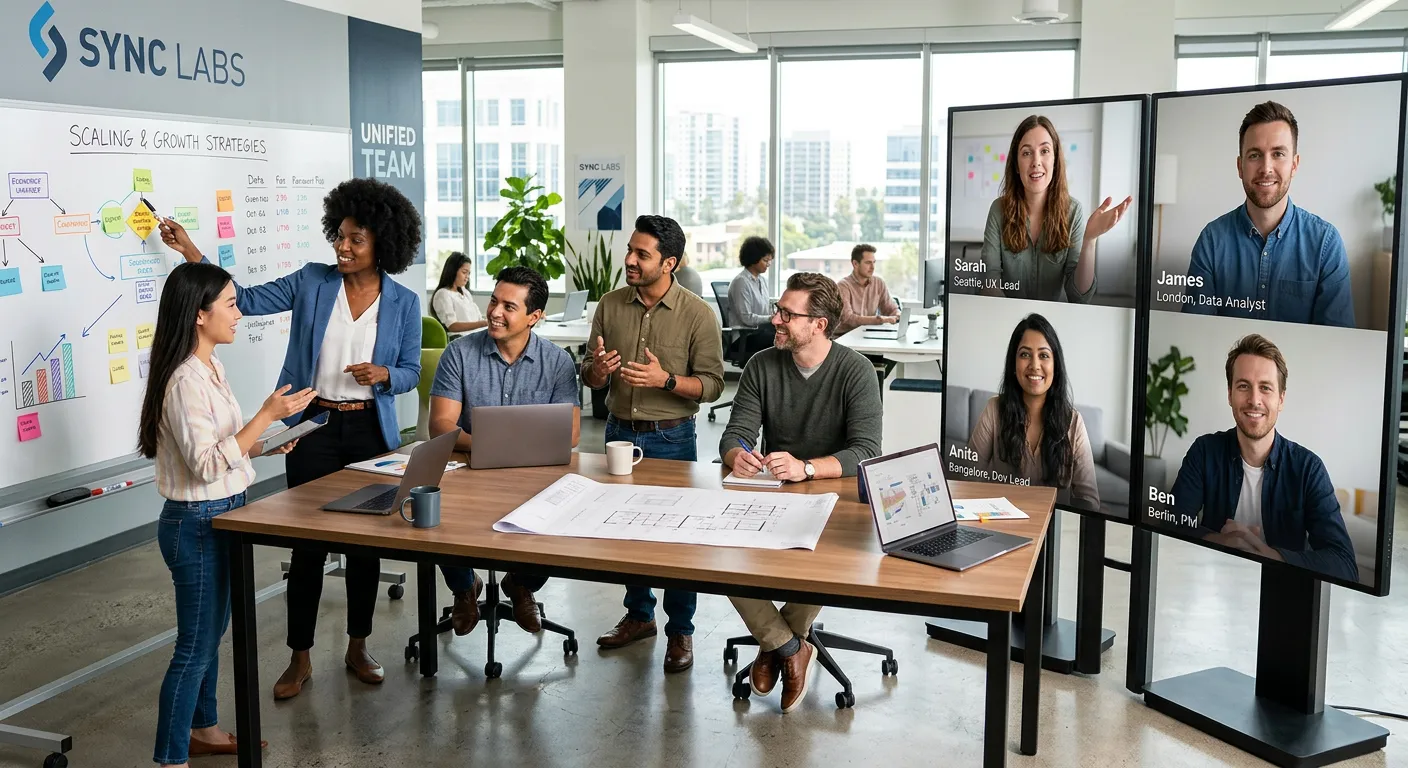 Modern, dynamic business setting with a diverse team collaborating in a bright office. One side show... Modern, dynamic business setting with a diverse team collaborating in a bright office. One side shows in-house employees, the other integrates seamlessly with augmented remote specialists on screens, symbolizing unified workforce scaling. Professional, high-energy mood.