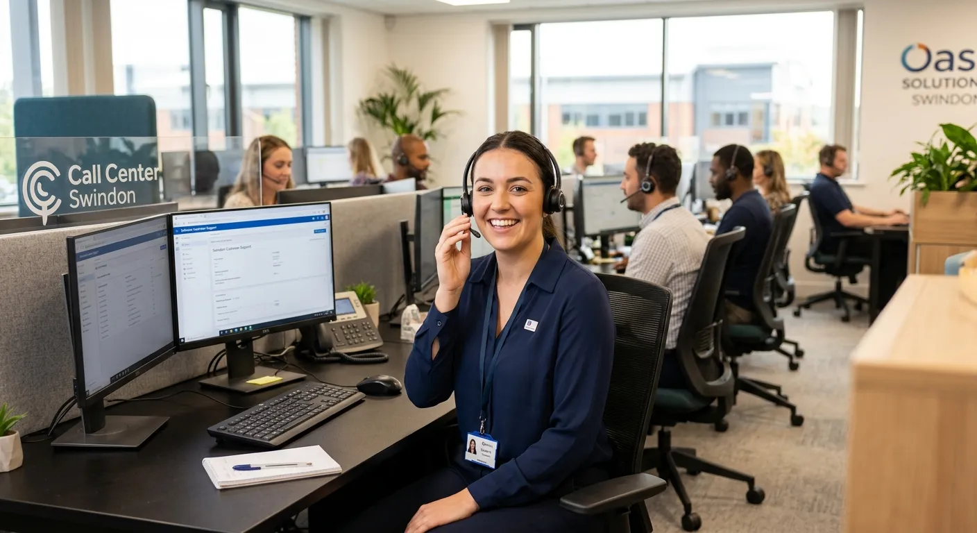 Professional, friendly Call Centre Operator wearing a headset in a modern, bright office in Swindon,... Professional, friendly Call Centre Operator wearing a headset in a modern, bright office in Swindon, smiling and speaking confidently. The image should convey professionalism, communication, and a positive work environment.
