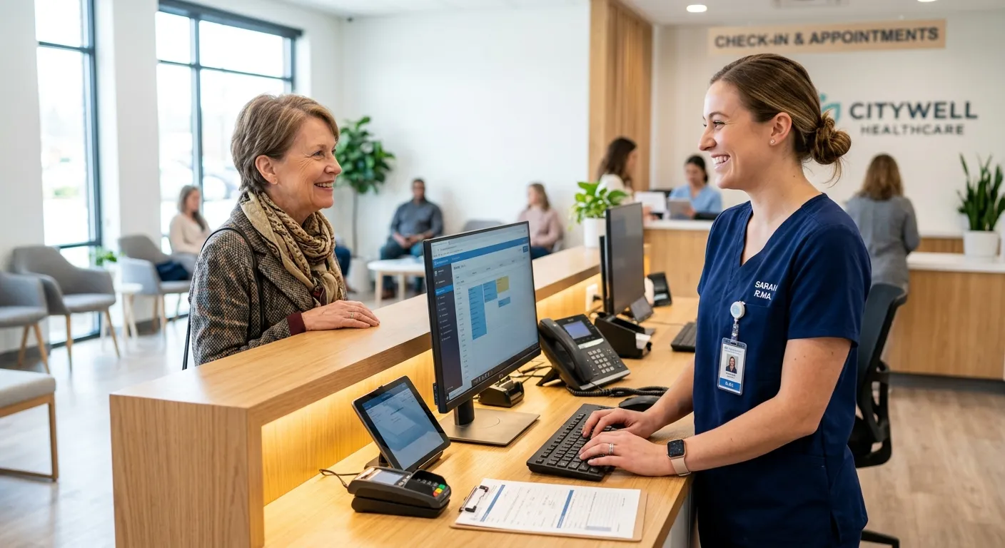 A professional, welcoming Front Desk Medical Assistant in a modern healthcare clinic, smiling while... A professional, welcoming Front Desk Medical Assistant in a modern healthcare clinic, smiling while helping a patient at the reception desk. The image should be bright, clean, and convey a sense of efficiency and care. Style: Professional healthcare photography, natural lighting, shallow depth of field.