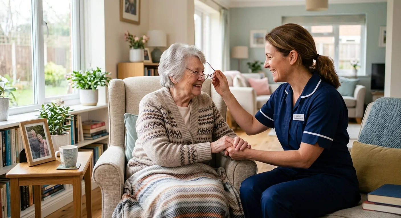 A warm, professional photo of a temporary caregiver assisting an elderly client with a gentle smile... A warm, professional photo of a temporary caregiver assisting an elderly client with a gentle smile in a bright, clean home setting. Style: Heartwarming and professional. Mood: Trust, compassion, and reliability.