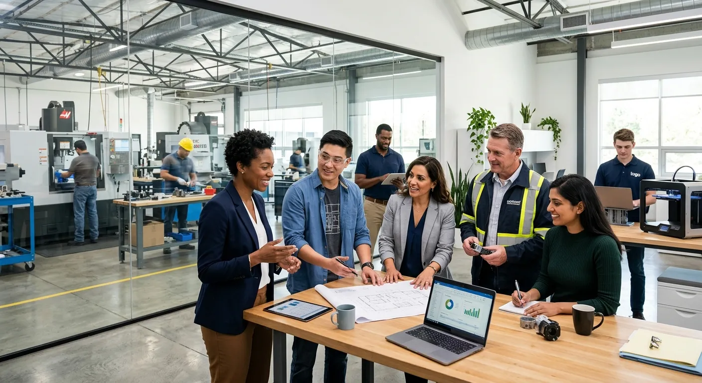 A diverse group of professional workers in a modern office and industrial setting, looking confident... A diverse group of professional workers in a modern office and industrial setting, looking confident and collaborative. Style: Professional, high-resolution, vibrant. Mood: Energetic, reliable, and solution-oriented.