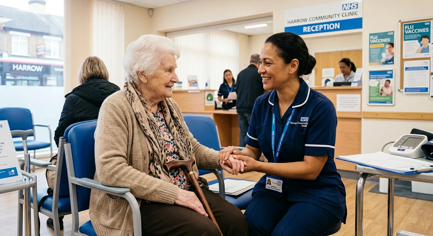 A professional, warm image of a Healthcare Assistant in a clean clinical setting in Harrow, helping an elderly patient. The mood is compassionate, skilled, and trustworthy.