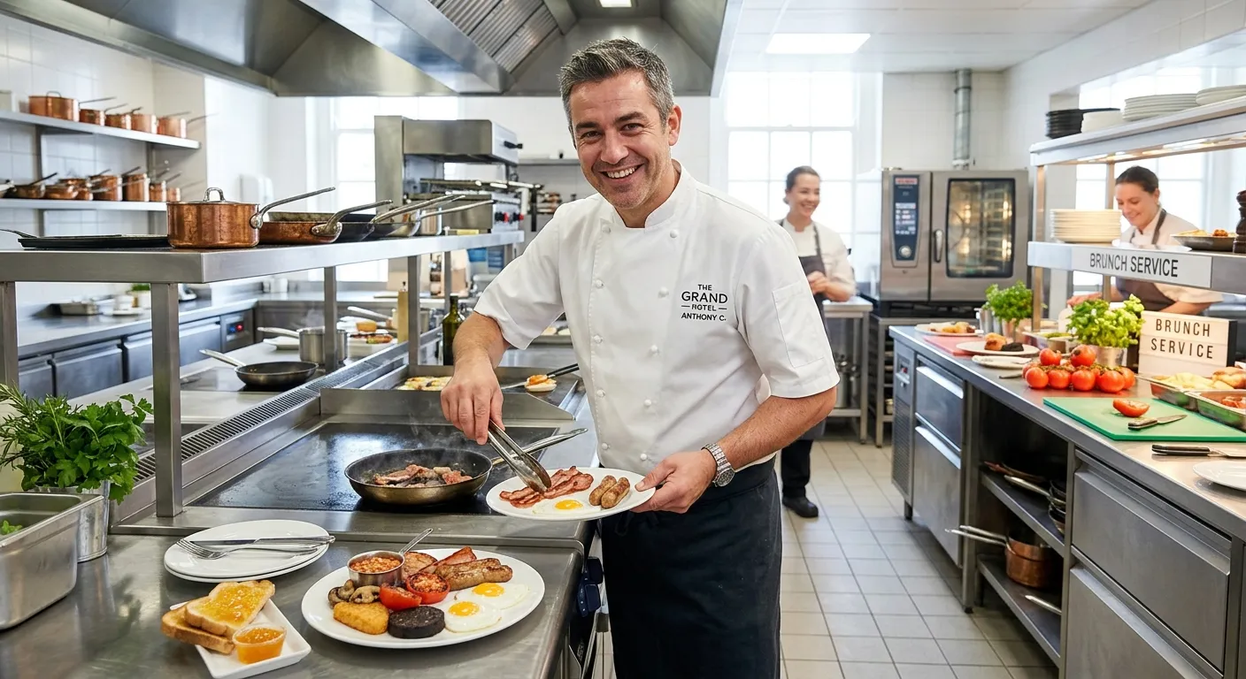 A professional, energetic chef in a modern, clean hotel kitchen preparing a classic full English bre... A professional, energetic chef in a modern, clean hotel kitchen preparing a classic full English breakfast. The chef is smiling, the kitchen is bright and well-lit, conveying a positive and professional work environment.