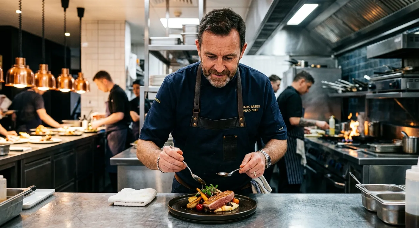 A high-contrast, professional photo of a confident Head Chef in a modern kitchen, inspecting a beaut... A high-contrast, professional photo of a confident Head Chef in a modern kitchen, inspecting a beautifully plated dish. The mood is authoritative and inspiring, with sharp focus on the chef and ambient kitchen lighting.