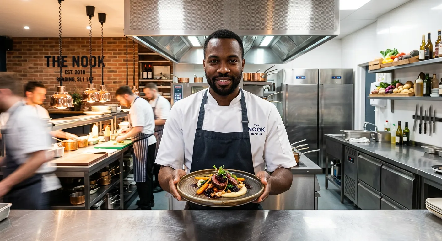 Professional, high-energy photograph of a Sous Chef in a modern commercial kitchen in Reading, prese... Professional, high-energy photograph of a Sous Chef in a modern commercial kitchen in Reading, presenting a beautifully plated dish. The kitchen is clean, well-lit, and features stainless steel equipment. The chef looks confident and skilled.