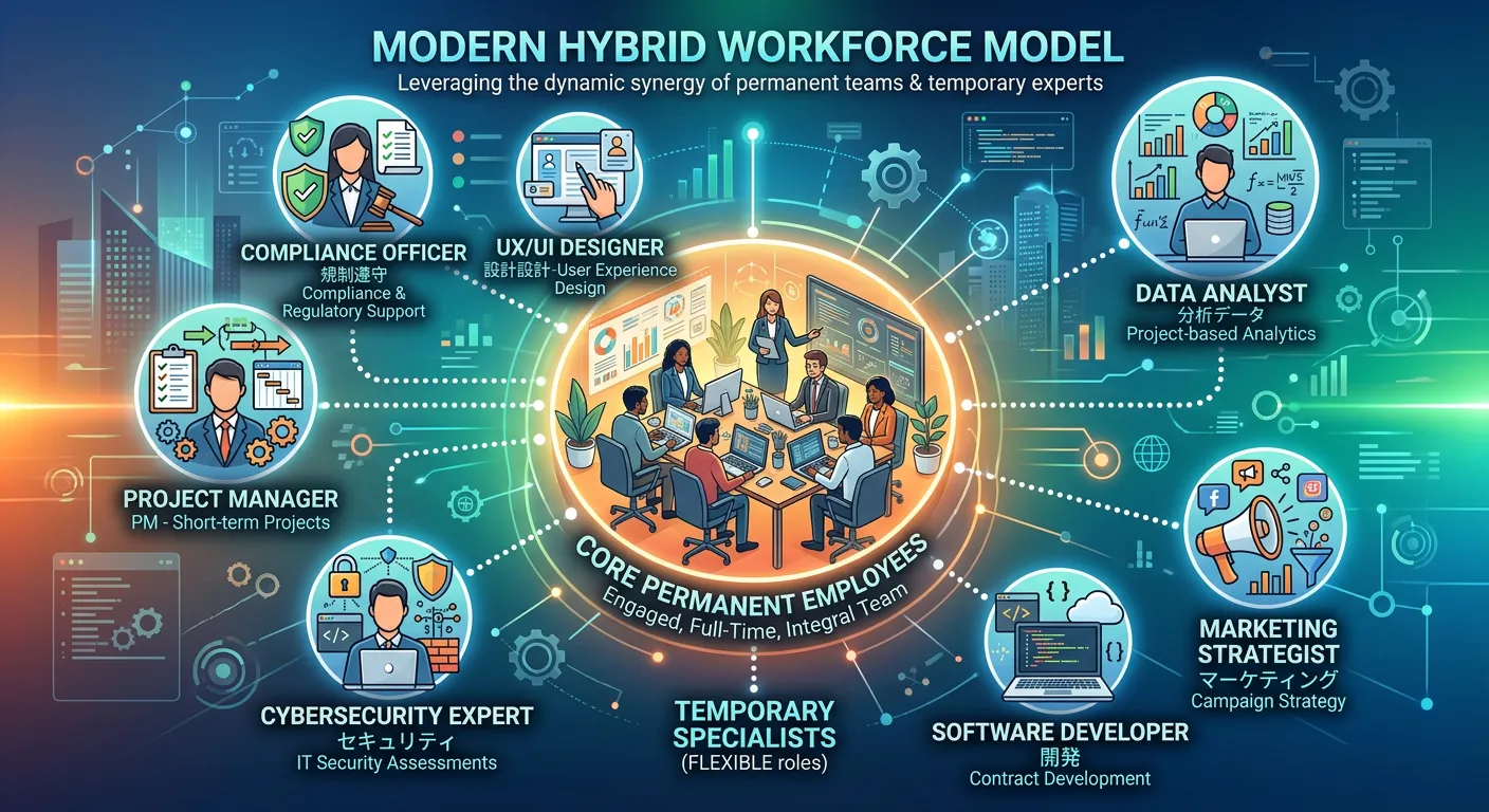 An infographic showing a modern hybrid workforce model, with a central core of permanent employees s... An infographic showing a modern hybrid workforce model, with a central core of permanent employees surrounded by floating icons representing temporary specialists in roles like Data Analyst, Project Manager, and Compliance Officer, connected by dotted lines.