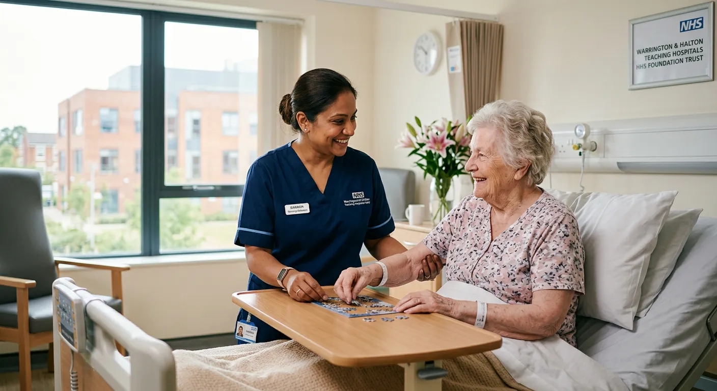 A professional, warm-toned photograph of a smiling Nursing Assistant in modern healthcare scrubs, ge... A professional, warm-toned photograph of a smiling Nursing Assistant in modern healthcare scrubs, gently assisting an elderly patient in a bright, clean hospital room in Warrington. The image conveys compassion, professionalism, and a supportive care environment.