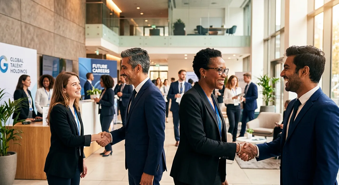 A diverse group of professional candidates and recruiters shaking hands in a modern, bright office lobby, conveying urgency, trust, and successful placement. Style: Professional stock photo, high contrast, warm tones.