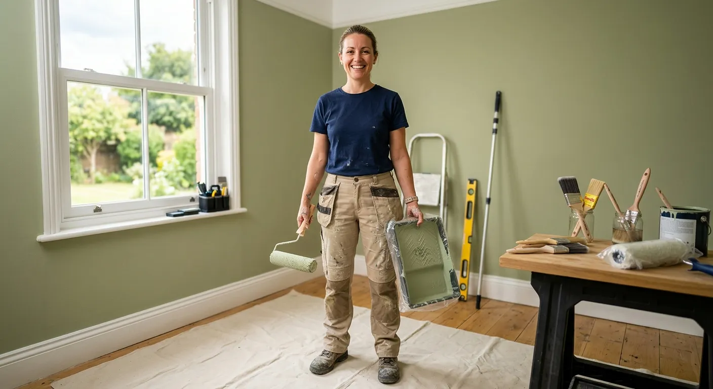 A professional painter decorator in work clothing confidently holding a paint roller and tray, stand... A professional painter decorator in work clothing confidently holding a paint roller and tray, standing in a freshly painted room with natural light streaming in, clean brushes and tools visible in the background, warm and inviting atmosphere, realistic photography style