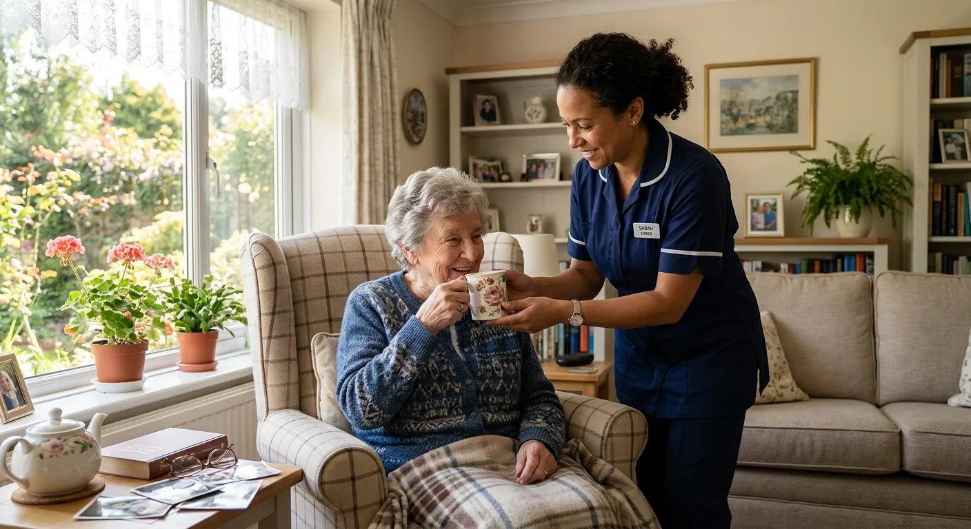 A professional, compassionate carer assisting an elderly person in a sunlit, clean living room. The... A professional, compassionate carer assisting an elderly person in a sunlit, clean living room. The carer is smiling and helping with a cup of tea. Style: Warm, authentic, high-resolution professional photography. Mood: Trustworthy, caring, and professional.