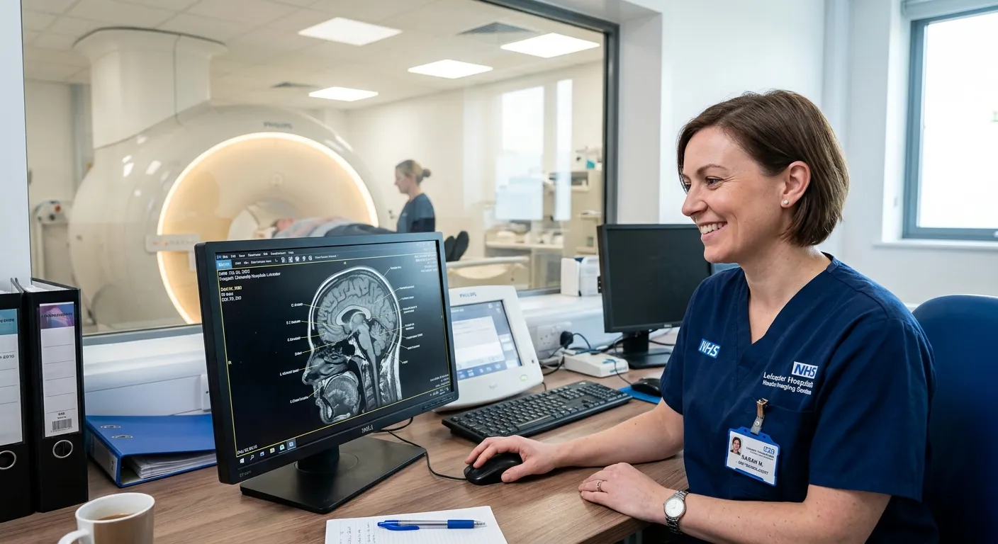 A professional, confident MRI Technologist in a modern hospital scanning suite in Leicester, smiling... A professional, confident MRI Technologist in a modern hospital scanning suite in Leicester, smiling while reviewing an image on a monitor. The style is bright, clean, and trustworthy, conveying a high-tech medical environment.