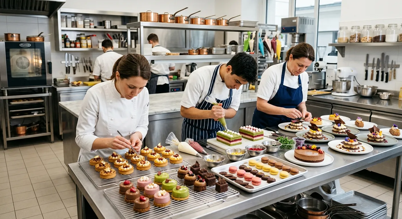 A modern, well-lit professional pastry kitchen with chefs meticulously decorating an array of elegant desserts, showcasing precision and artistry. Style: Bright, inviting, professional. Mood: Inspiring and skillful.