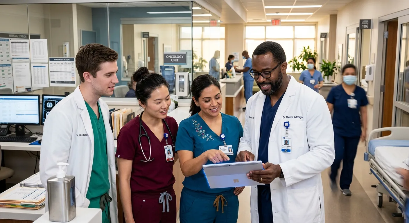 A diverse group of healthcare professionals in scrubs and lab coats collaborating in a modern hospital setting, looking at a tablet together.