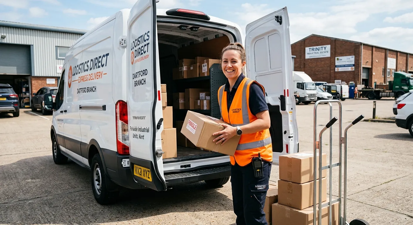 Professional Multi-Drop Driver in high-visibility vest, smiling and loading packages into a clean white van on a Dartford industrial estate, sunny day, realistic and approachable