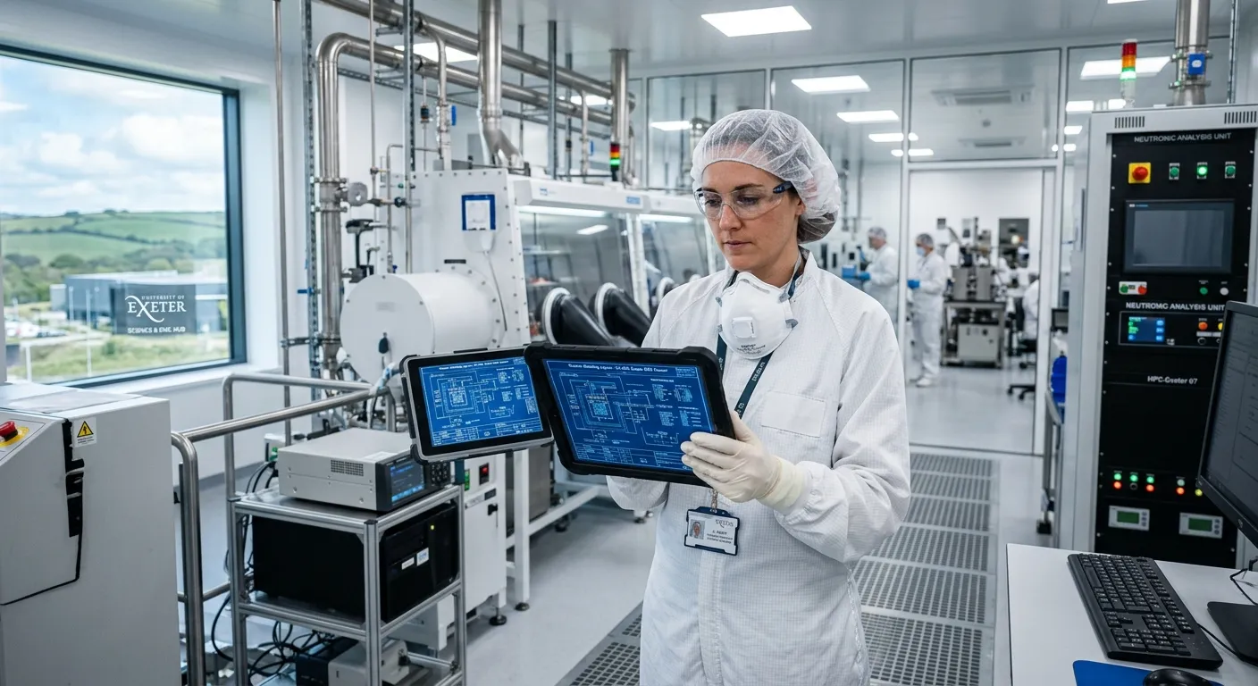 A professional, modern image of a nuclear engineer in a cleanroom environment, wearing safety gear,... A professional, modern image of a nuclear engineer in a cleanroom environment, wearing safety gear, reviewing schematics on a digital tablet. The mood should be confident, technologically advanced, and focused. The background should subtly hint at a scientific facility in the Exeter area.