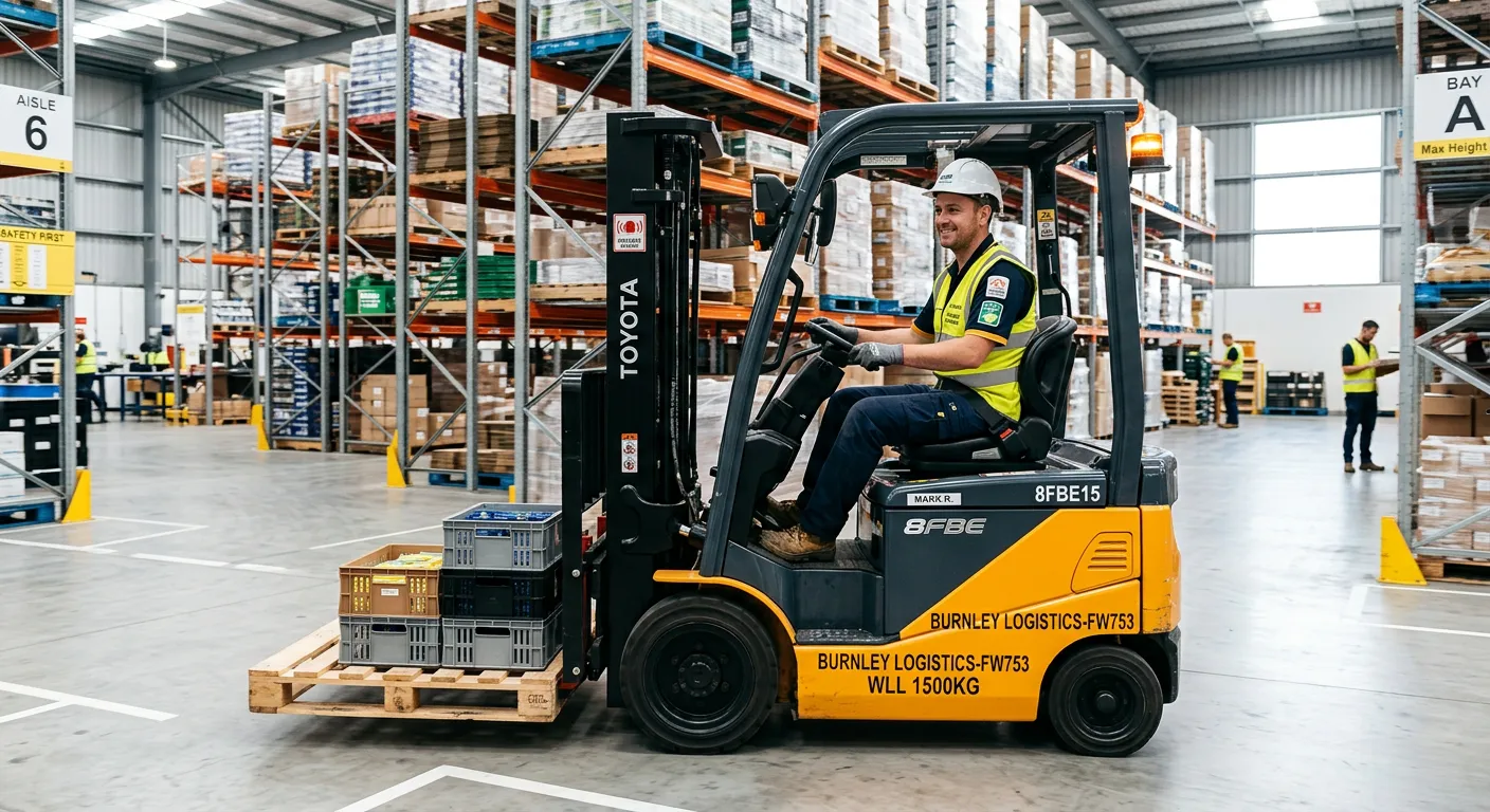 A professional, action-oriented photograph of a certified forklift driver safely operating a counter... A professional, action-oriented photograph of a certified forklift driver safely operating a counterbalance forklift in a modern, well-organised warehouse in Burnley. The driver is wearing high-visibility clothing and a safety helmet, smiling confidently. The image conveys efficiency, safety, and a positive work environment.
