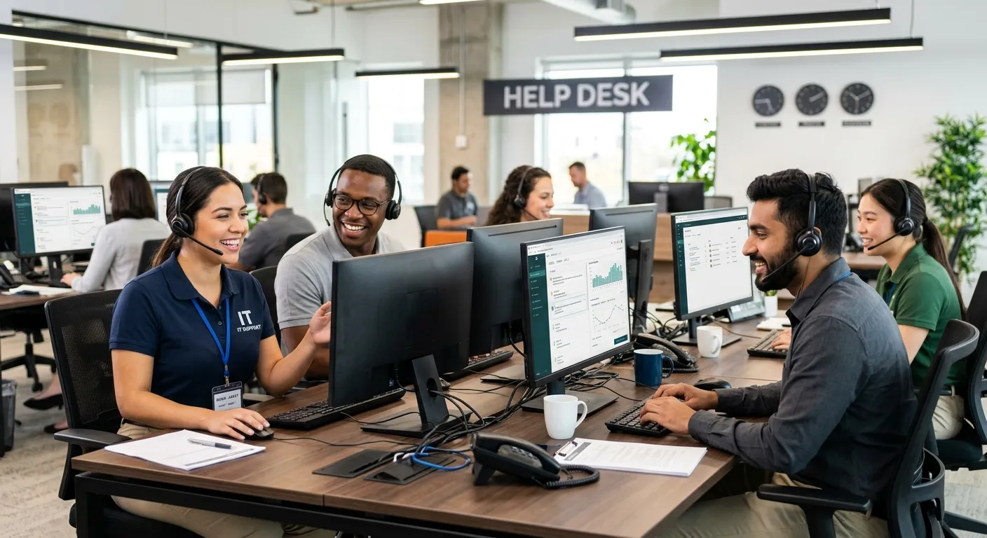 A professional, high-energy photo of a diverse team of Help Desk Clerks in a modern office environme... A professional, high-energy photo of a diverse team of Help Desk Clerks in a modern office environment. They are smiling, wearing headsets, and working collaboratively at a sleek, multi-monitor workstation. Style: Bright, crisp, and professional. Mood: Efficient, supportive, and technologically adept.