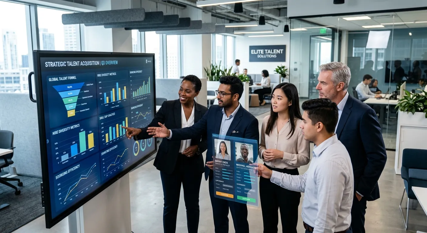 A modern, professional office environment with a diverse team collaborating around a digital screen... A modern, professional office environment with a diverse team collaborating around a digital screen displaying strategic data visualizations and candidate profiles. Style is clean, high-contrast, with a focus on professionalism and elite talent acquisition.