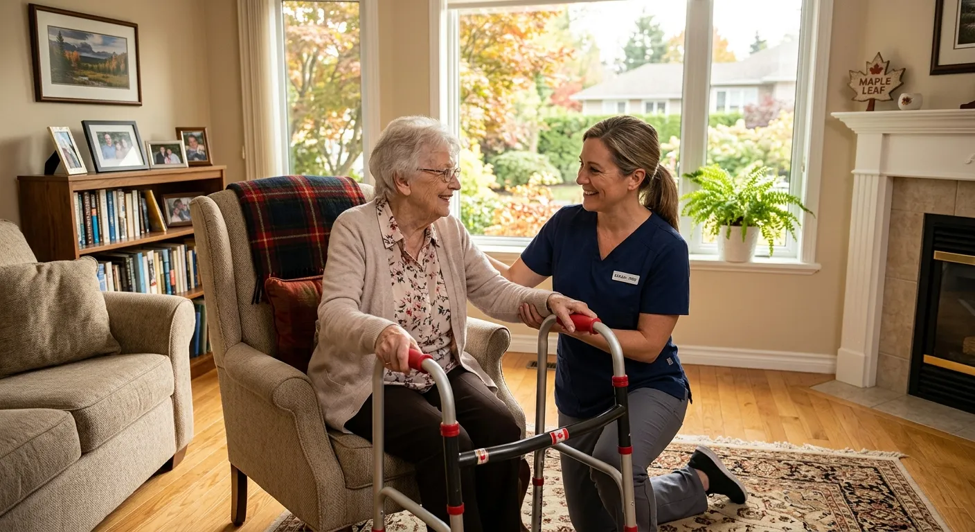 A compassionate, professional temporary home caregiver assisting an elderly person in a sunlit, comf... A compassionate, professional temporary home caregiver assisting an elderly person in a sunlit, comfortable Canadian living room. Style: Warm, professional, high-quality stock photo. Mood: Trustworthy, caring, and reliable.