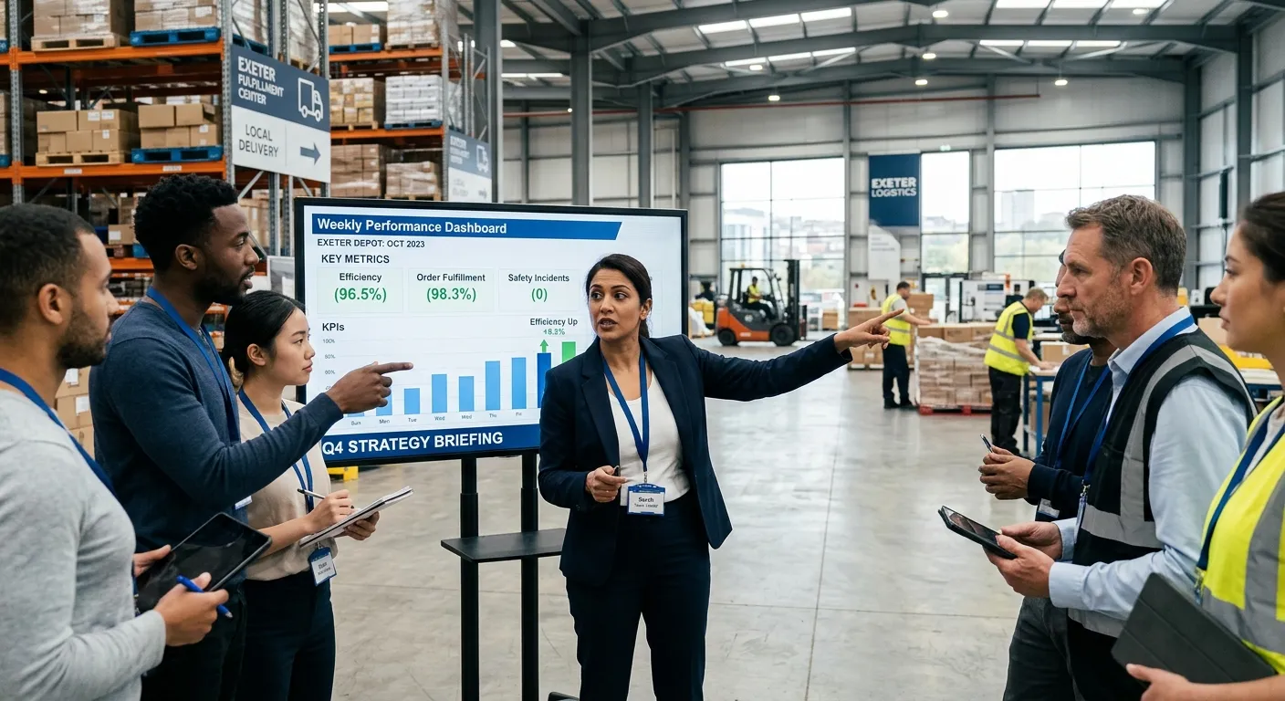 A diverse team in a modern warehouse or office setting in Exeter, having a productive morning briefi... A diverse team in a modern warehouse or office setting in Exeter, having a productive morning briefing led by a confident team leader pointing to a performance chart