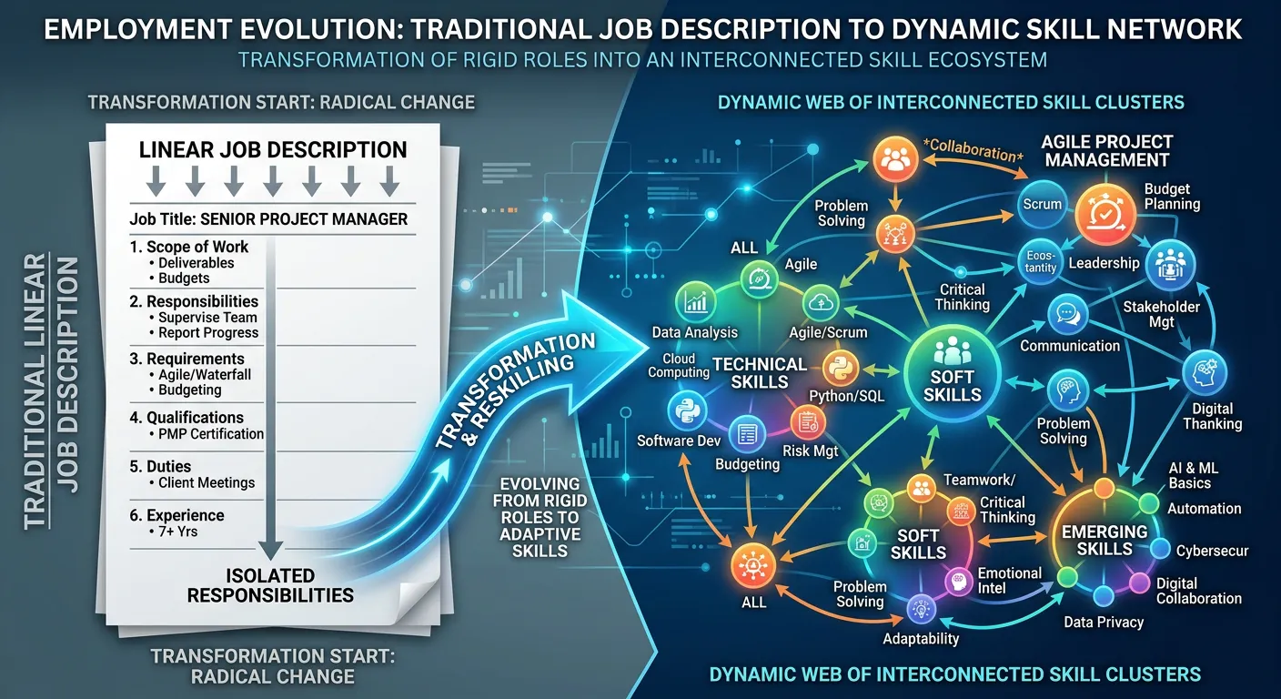 An infographic showing a traditional linear job description transforming into a dynamic web of inter... An infographic showing a traditional linear job description transforming into a dynamic web of interconnected skill clusters, with lines connecting technical and soft skills.