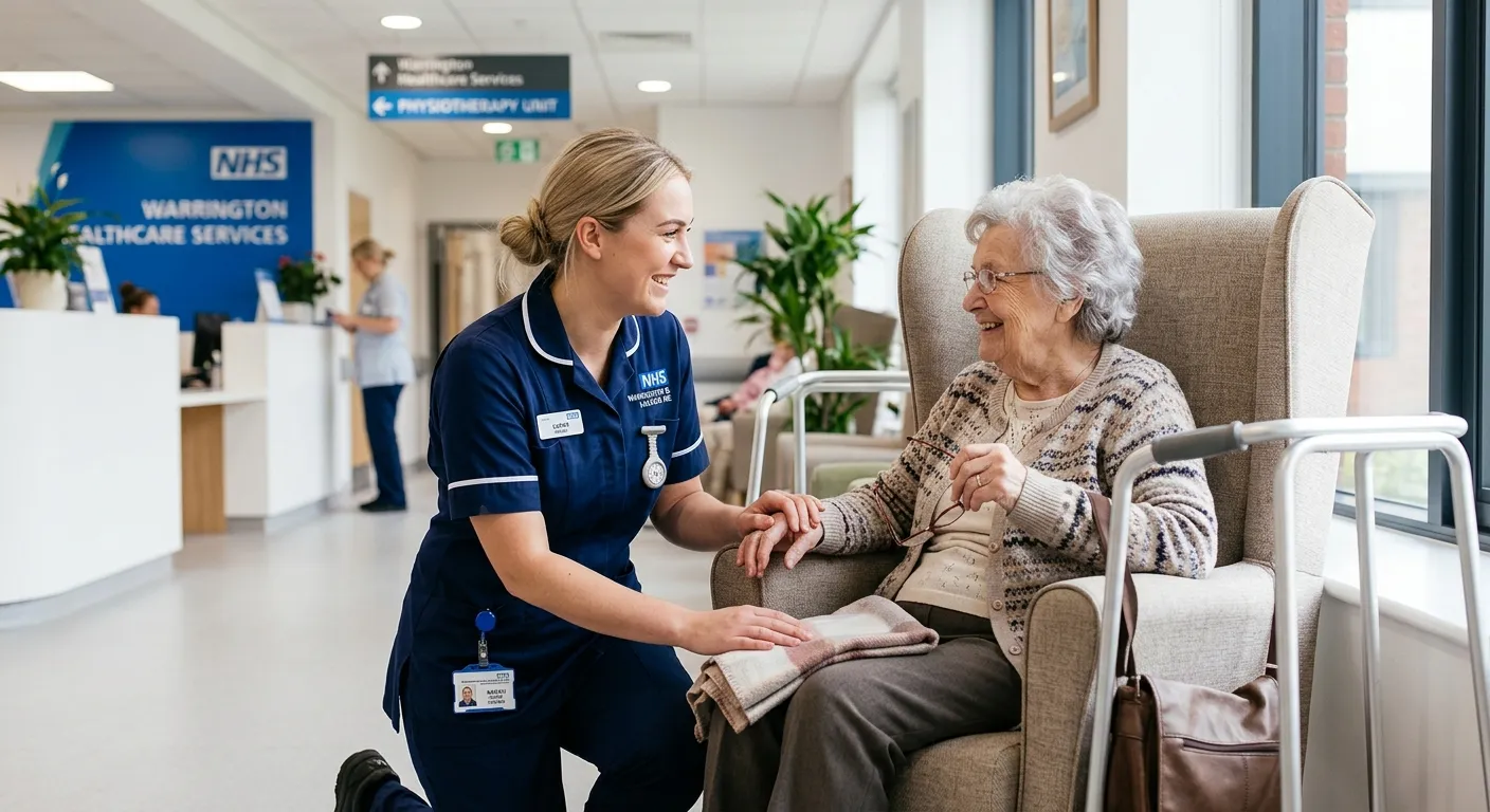 A professional, friendly Healthcare Support Worker in a clean, well-lit healthcare environment in Warrington, assisting an elderly patient with a warm smile. The image should convey compassion, competence, and a modern healthcare setting.