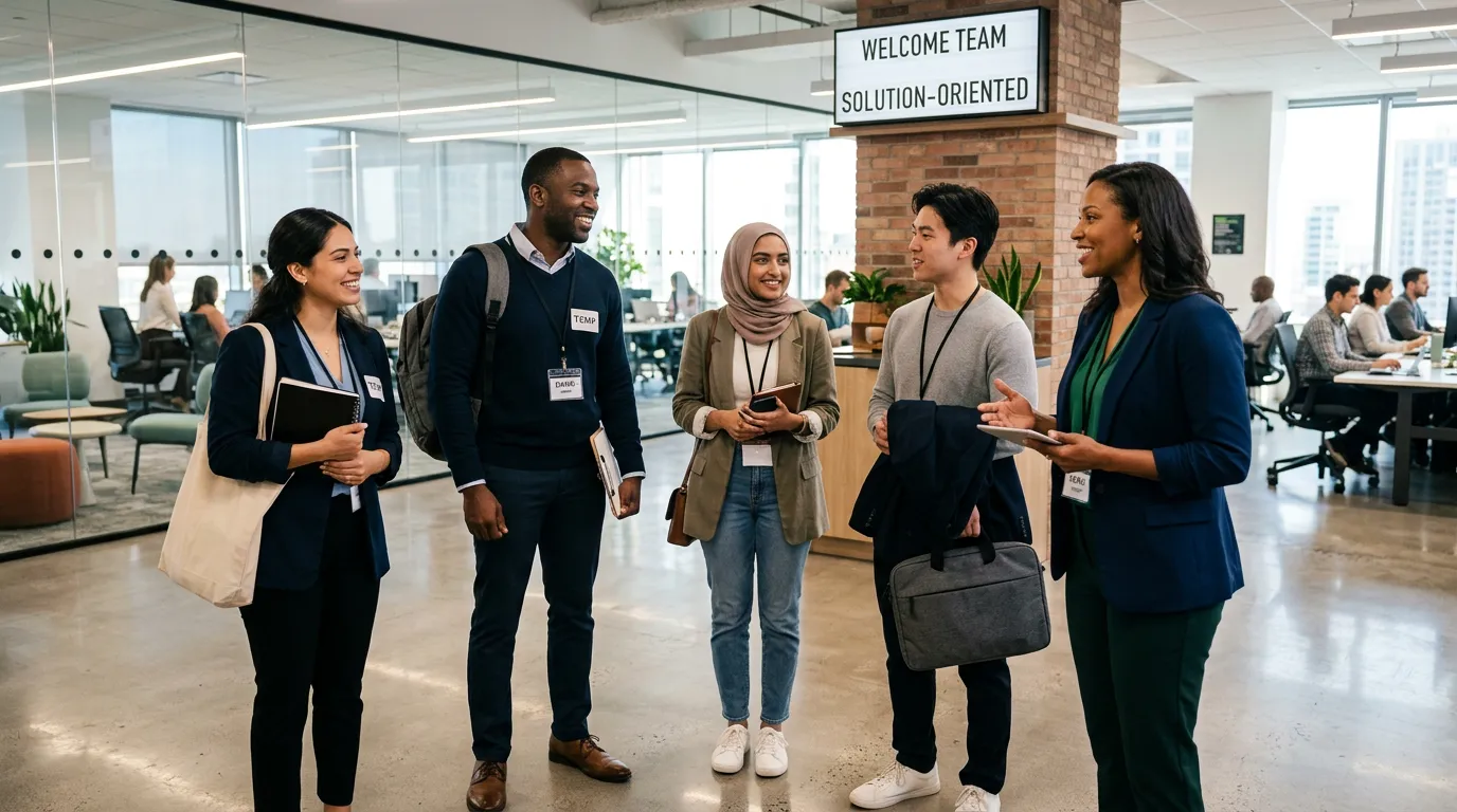 A dynamic, professional hero image showing a diverse group of temporary office workers being greeted by a manager in a modern, bright office environment. The mood is energetic, efficient, and solution-oriented. Style: High-resolution, authentic corporate photography.