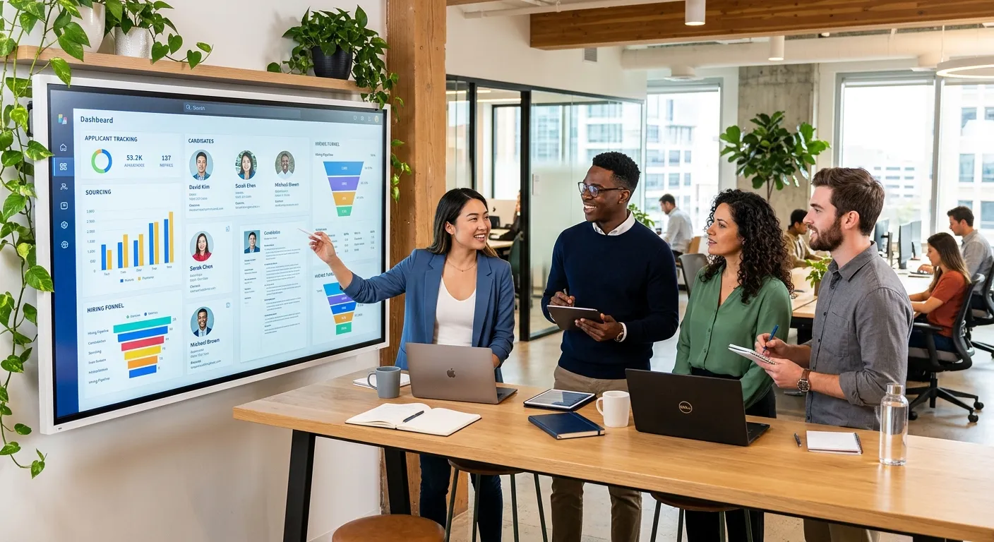 A modern, diverse group of professionals collaborating in a bright, open-plan office. They are gathe... A modern, diverse group of professionals collaborating in a bright, open-plan office. They are gathered around a large digital screen displaying analytics dashboards and candidate profiles. Style: professional, vibrant, and forward-thinking. Mood: collaborative, efficient, and innovative.